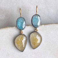 Golden Rutilated Quartz and Teal Kyanite Earrings